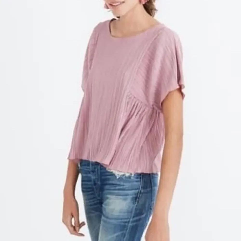Madewell Women's XS Pink Micropleat Blouse Short‎ Sleeve Relaxed Fit